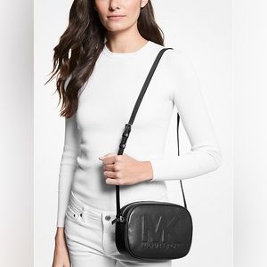Michael Kors Black Logo Embossed Pebbled Leather Crossbody Bag